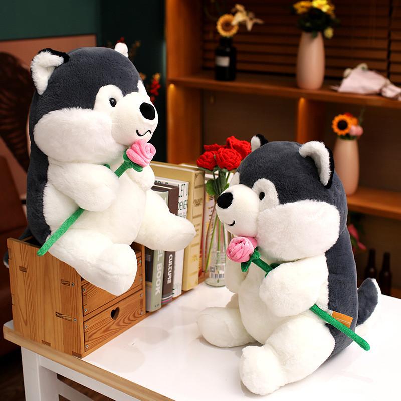 Cute Cartoon Handheld Rose Husky Plush Stuffed Toy Pillow For Room Decoration