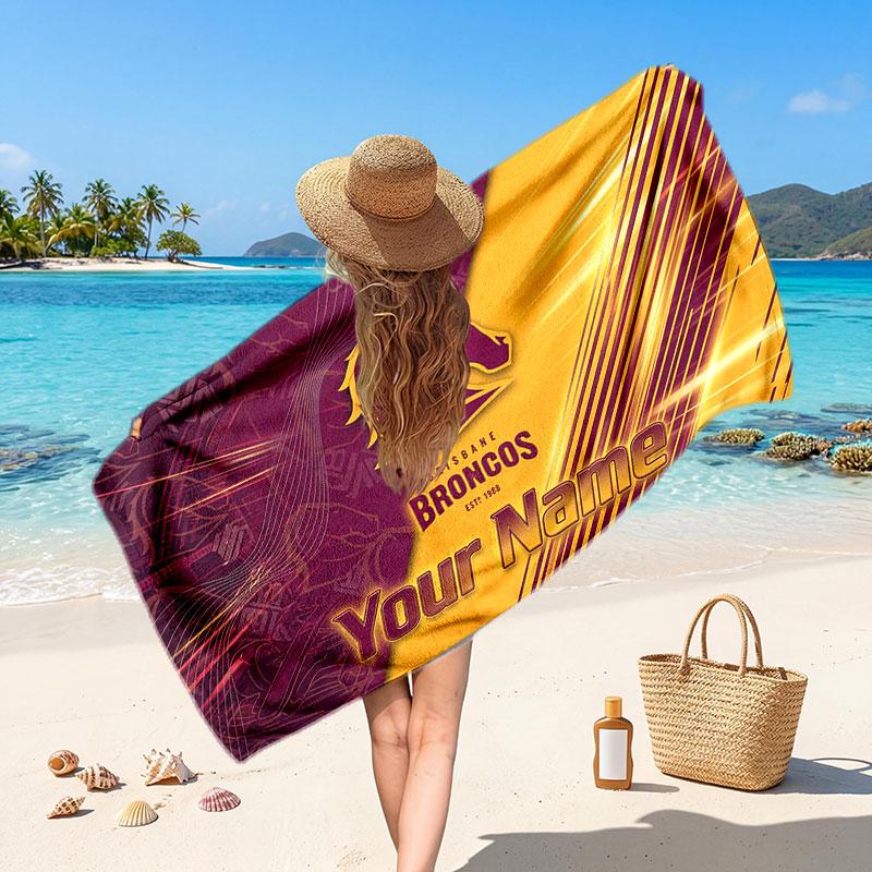 Brisbane Broncos Customized Name Text Beach Towel, Soft Absorbent Towel Beach Pool Travel Personal Gift