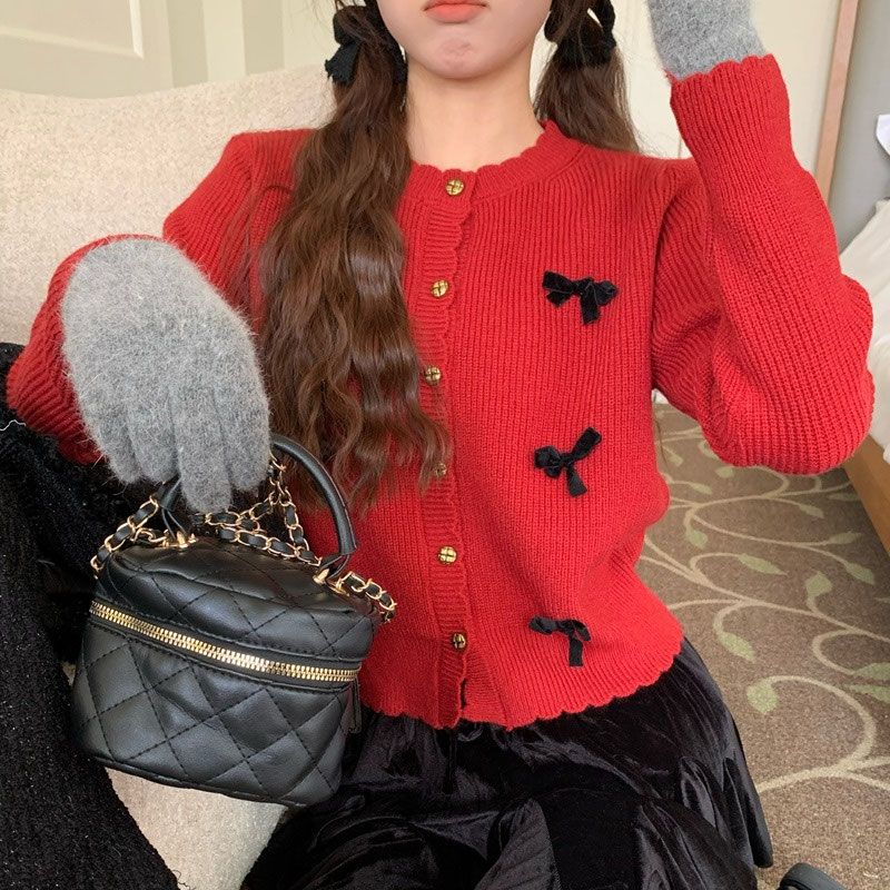 New autumn style bow knit sweater with lace design short and gentle sweater cardigan for women