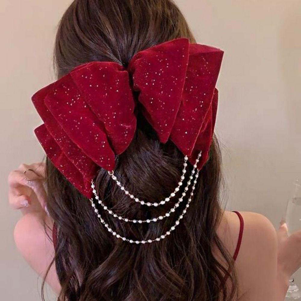 Cloth Red Velvet Bow Hair Clip Wine Red New Year Hairpin Sweet Bowknot Spring Clip  Girls