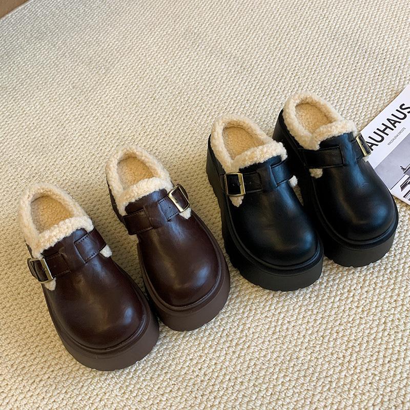 Women Platform Cotton Slippers Winter New Height Increase Plush Thicken Half Slippers Fashion Buckle Strap Comfort Casual Shoes