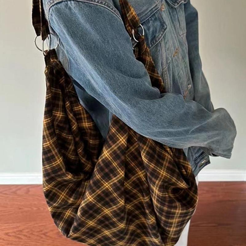 Vintage Karomuster Große Kapazität Trendiger Lässiger Tragetaschen-Rucksack Vielseitige Handtasche Übergroße Canvas Achseltasche Schottischer Stil