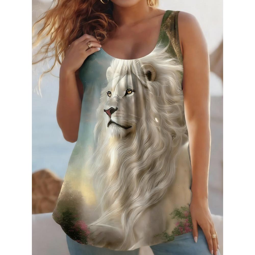 Summer Women's Large Size 3D Printing Flower Tiger Cat Vest Loose Fashionable Comfortable Soft Breathable O Neck Sleeveless Vest