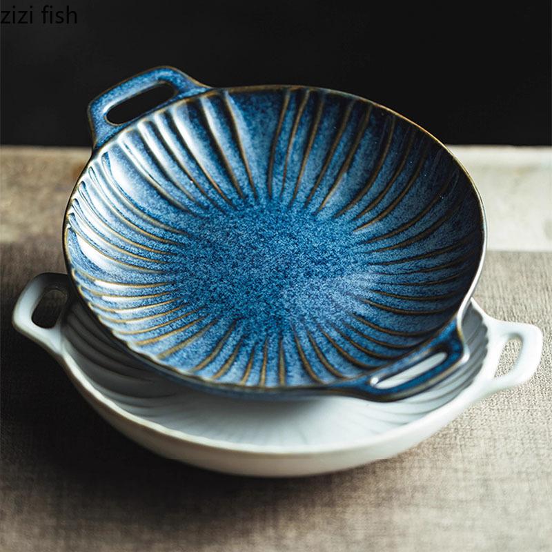 Relief Stripe Ceramic Double Ear Plate Salad Plate Dessert Plate Snack Plates Restaurant Molecular Cuisine Creative Tableware