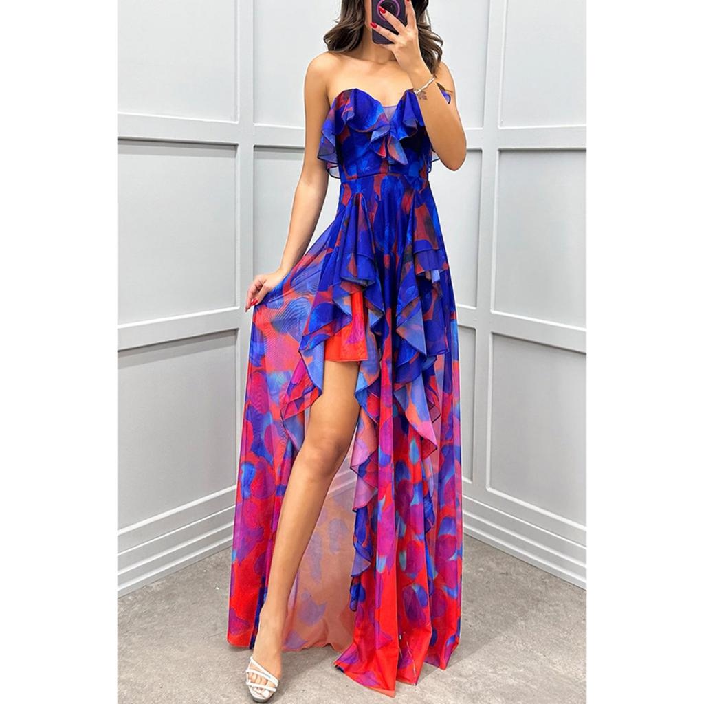 Nuovo Vestito da Donna a Rete Senza Spalline Stampato, Stile Europeo Americano Moda Casual Vestito da Festa per Donne INS Trendy
