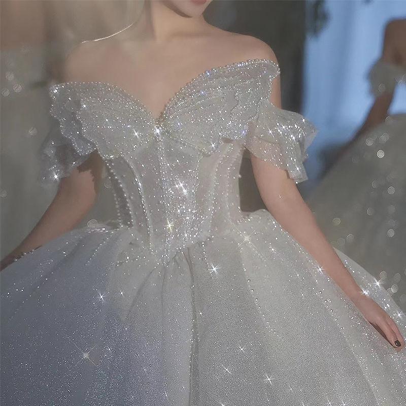 Rochie de Mireasă Fără Bretele cu Fundă Franțuzească - Rochie de Mireasă Luxoasă Strălucitoare, Rochie de Bal Prințesă din Tul cu Sclipici și Corset