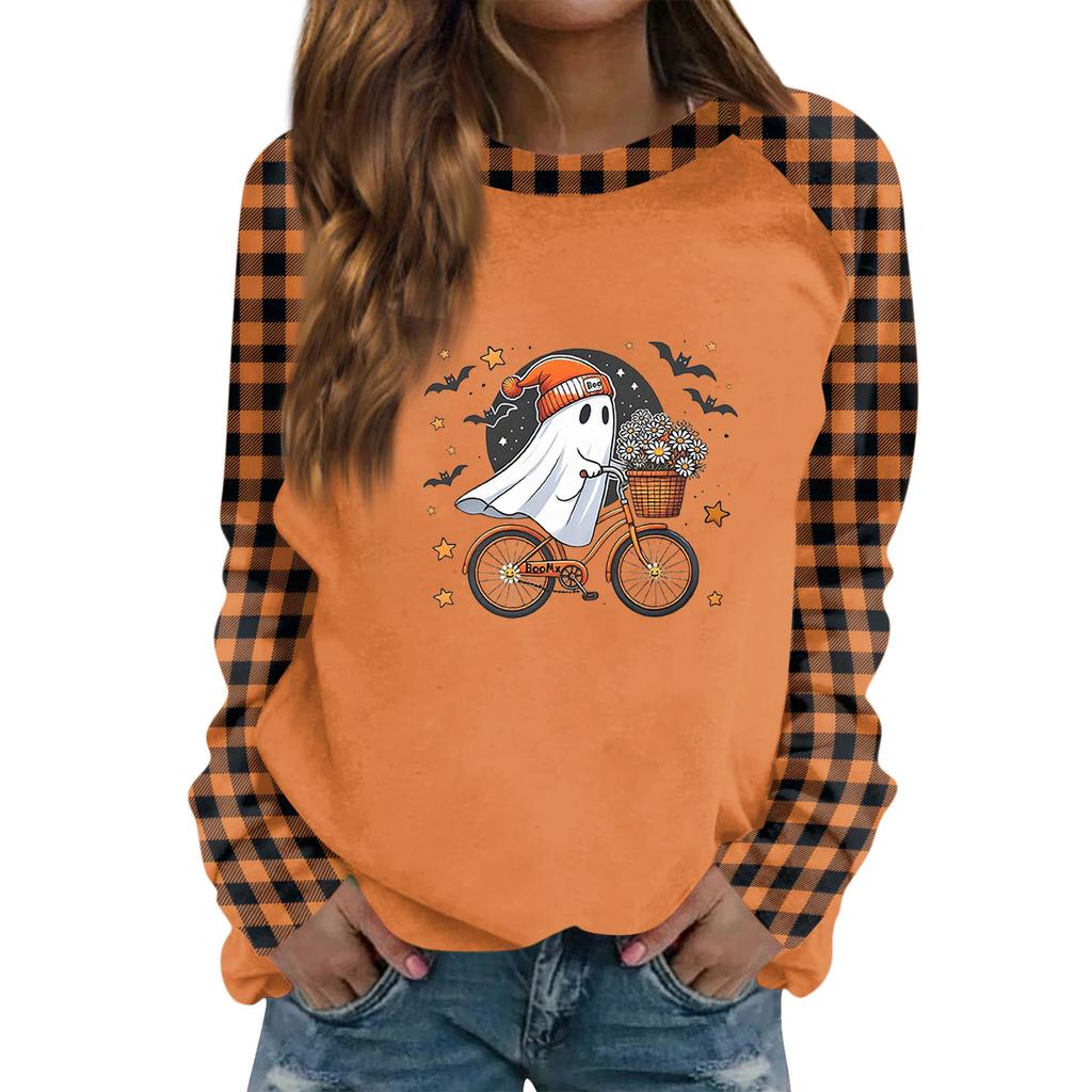 Women's Casual Long Sleeve Top with Halloween Print Round Neck Blouse for Party and Daily Wear