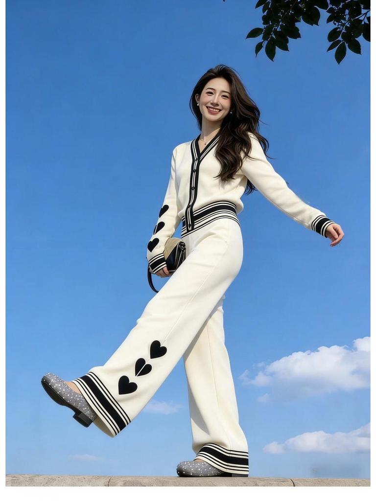7783 Korean Fashion Rich Girl Heart Color Block Knit Cardigan & Long Pants Set - Fall/Winter