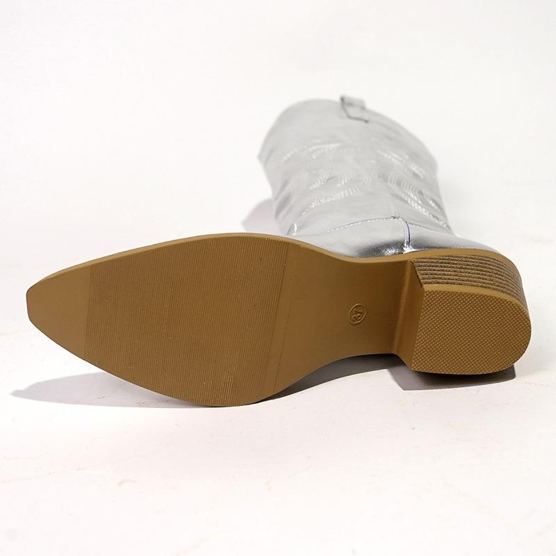 Autumn New Metallic Silver Gold Cowboy Boots Women Shoes Chunky Heels Plus Size Slip On Mid-Calf Music Festival Cowgirls Boots