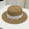 French lace bow hemming straw woven flat top top hat women's summer travel put ultraviolet sunshade big edge straw hat