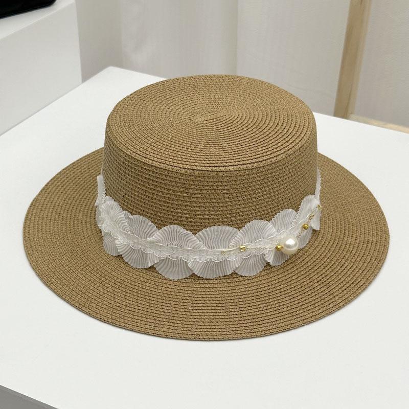 French lace bow hemming straw woven flat top top hat women's summer travel put ultraviolet sunshade big edge straw hat