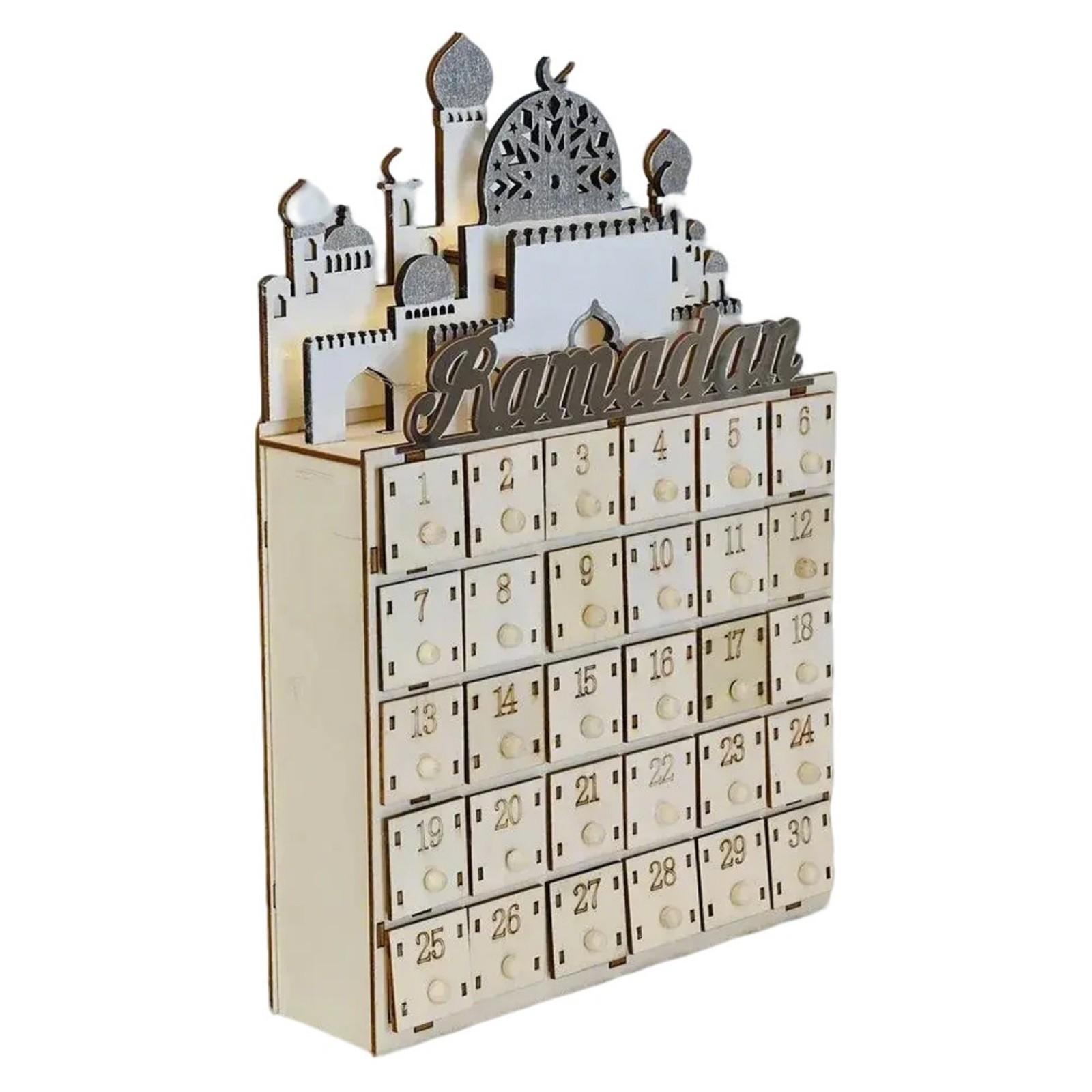 

Wood Ramadans Countdown Calendar 30 Days Drawers LED Lighted Eid Mubarak Decors for Islamics Festives Home Decoration
