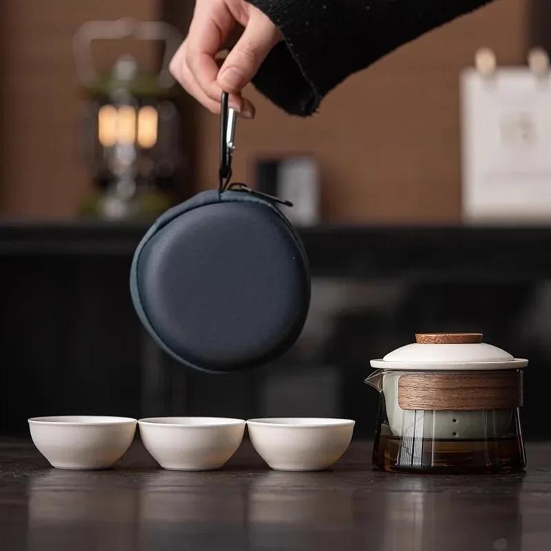 Travel Tea Set Kit 1 Teapot 3 Cups Portable Outdoor Camping Teapot and Tea Cup with Bag Teaware Sets Household Making Tea Tool