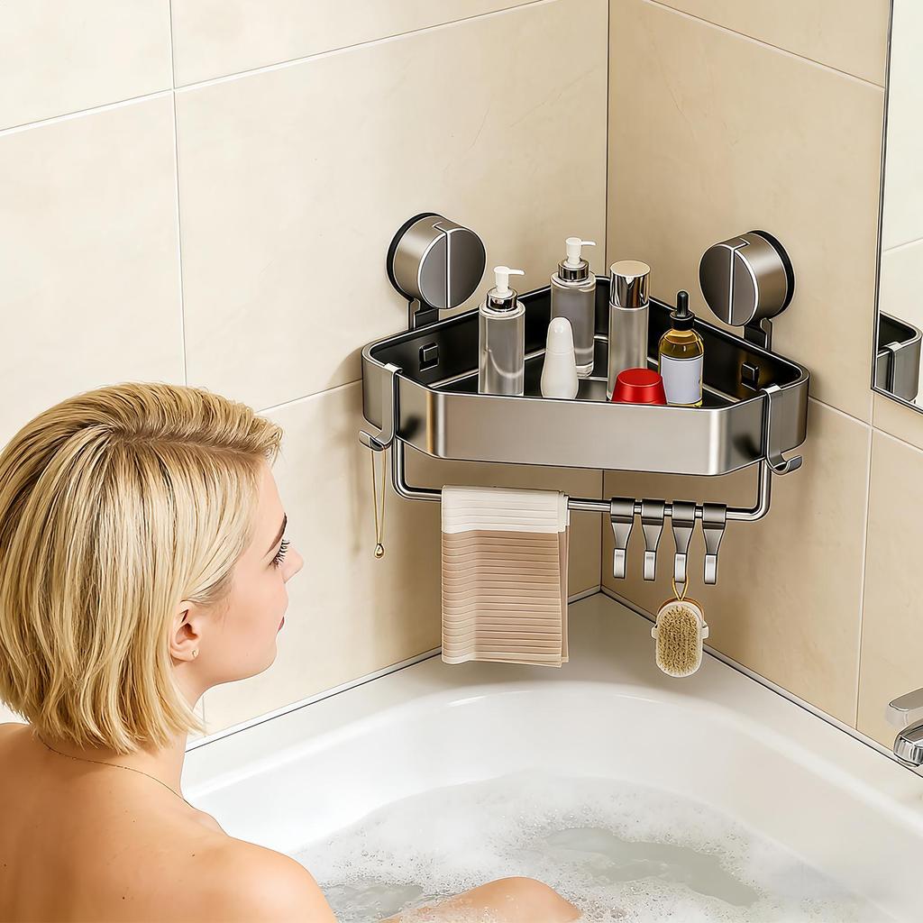 Space-Saving Suction Cup Bathroom Shelf No Drilling Required Strong Triangular Rack with Hooks Suitable for Shower And Toilet