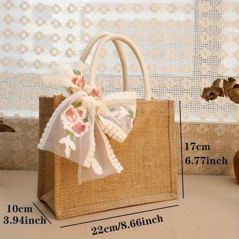 Burlap Tote Bag with Lace Ribb Reusable And Durable, Jute Gift Handbags for Wedding Bridesmaid Grocery Shopping Birthday Party