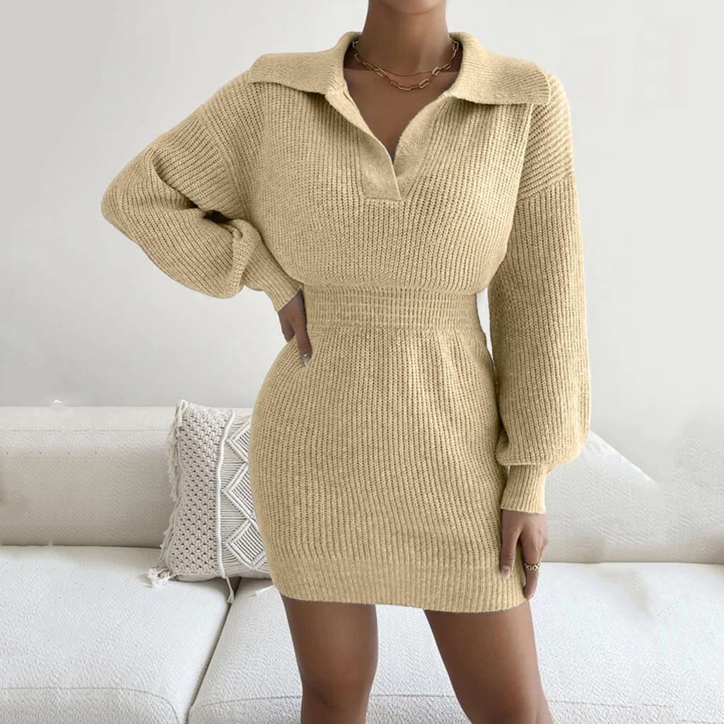 Women's Fashion Casual Turn-down Collar Lanterned Sleeve Long Sleeve Color Knitted Dress
