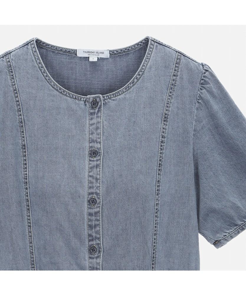 THURSDAY ISLAND Voluminous Sleeve Half-Open Denim Dress_T254Aop353W