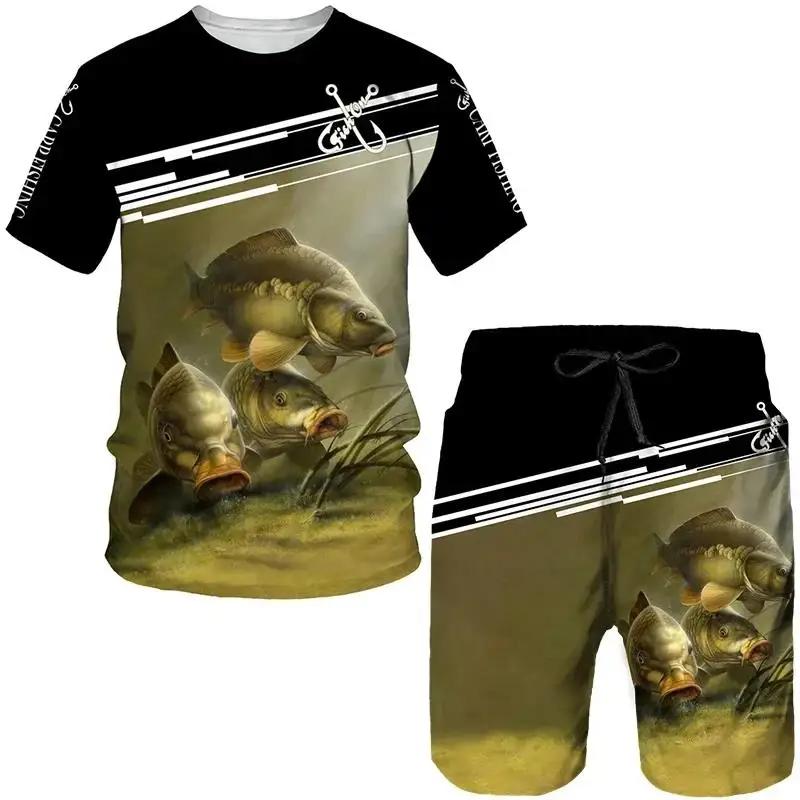 Men's Outdoor Fishing Hunting 3D Print T-shirt Shorts 2-piece Set O-neck Retro Fashion Sports Short Sleeve Pullover High-quality