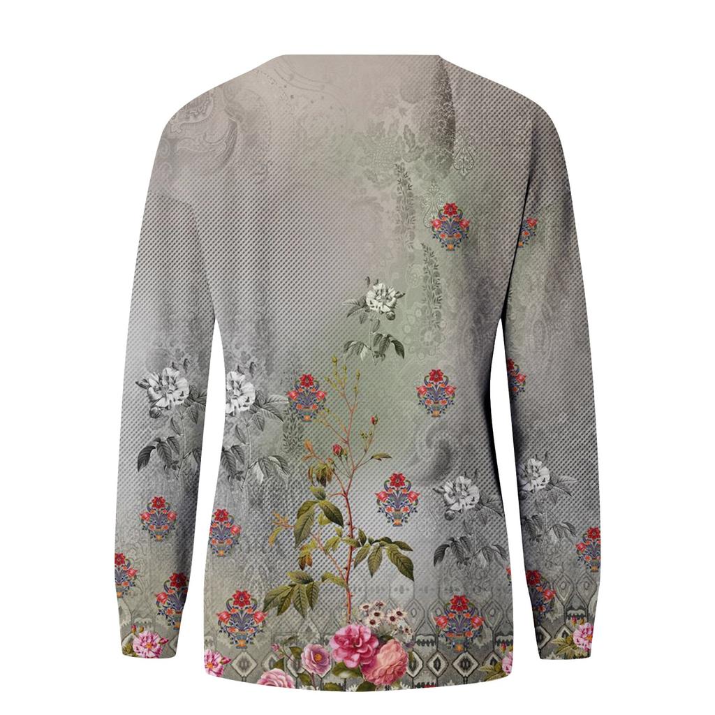 Damen Casual Fashion Blumendruck Langarm O-Ausschnitt Pullover Top Bluse