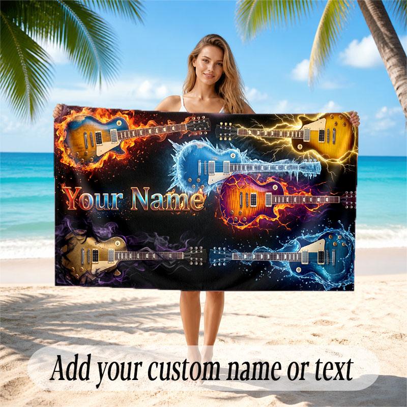 Music Guitar Theme Beach Towel Personalized Custom Name & Text Soft Quick Dry Beach Towel for Swimming Travel