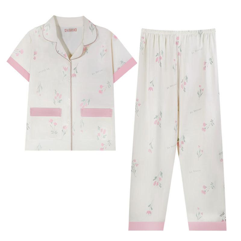 Pajamas Female Cute Sweet Pink Flower Summer Cardigan Short Sleeve Trousers Fashion Versatile Loungewear