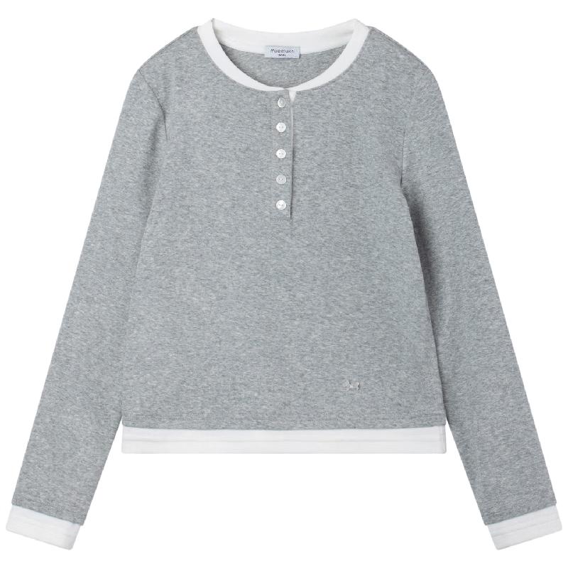 

Girls Lyocell Xinjiang Cotton Faux Two-Piece Henley Button T-Shirt 140CM