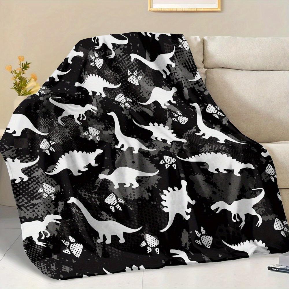 Plush Dinosaur Print Throw Blanket - Cozy Cartoon Animal Design, Soft Polyester, Black & White, Perfect for Sofa, Bed, Napping,