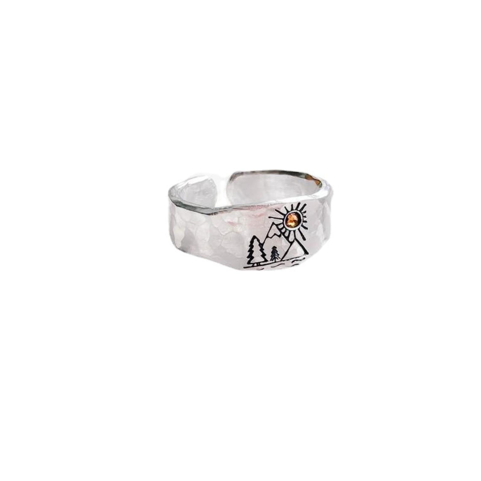 Open Sunset Valley Adjustable Ring Mountain Landscape Design Handcrafted Metal Band Unique Outdoor Inspired Jewelry One Size