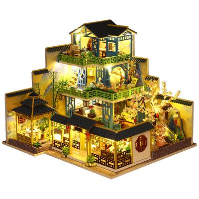 Diy Ahşap Bebek Evi Mobilya Işıklı Casa Minyatür Bebek Evi Seti Ev Çin tarzı villa Model Oyuncaklar Doğum Günü Hediyeleri