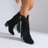 2025 New Women's Fashion Boots Pointed Toe Rough Heel Side Zipper Rivet Tassel Mid-tube Boots Retro Western Cowboy Women's Boots