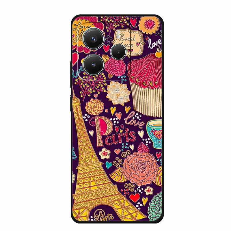 3D Emboss Case For Xiaomi Redmi Note 14 Phone Case Flowers Black Silicone Soft Back Cover Coque For Redmi Note 14 5G Global Case