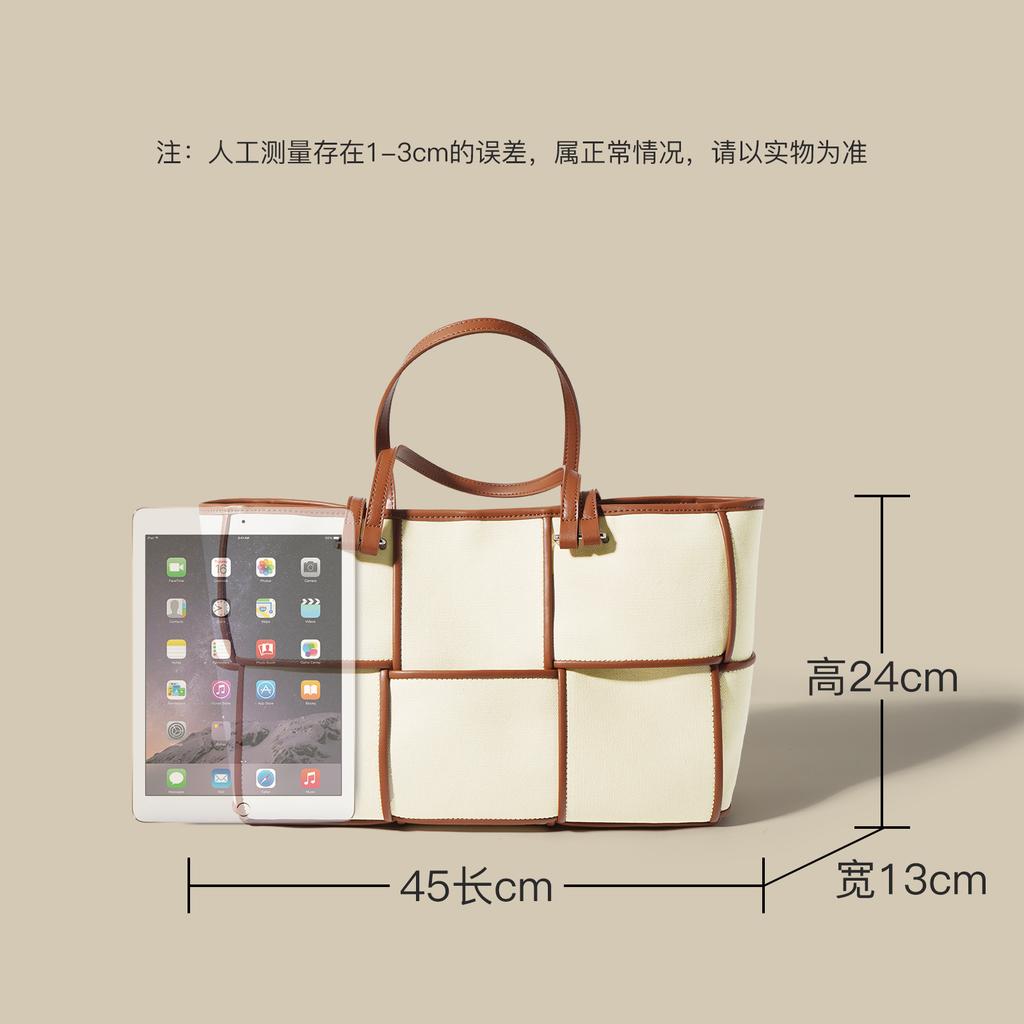 [] Simple woven bag large-capacity commuter tote bag cowhide canvas shoulder portable large bag