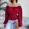 Women Off Shoulder Long Sleeve Smocked Waist Ruffle Hem Blouse