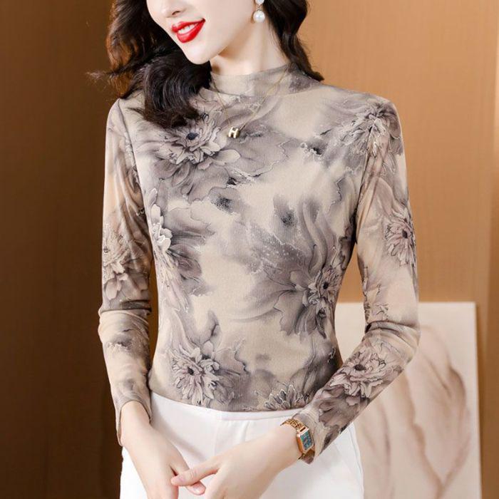 

2024 Осень/Зима Ближневосточная Принтованная Сетка Футболка с Длинным Рукавом Слим XL (110-120 lbs)