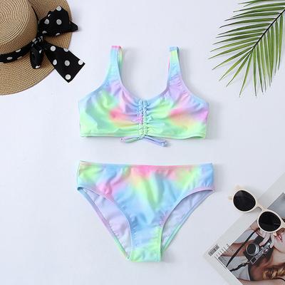 Dívčí plavky Tie Dye Dětské 7-16 let Dvoudílné Dětské plavky Ruched Přední Bikini Set Dospívající plavky 2022 Plážové oblečení