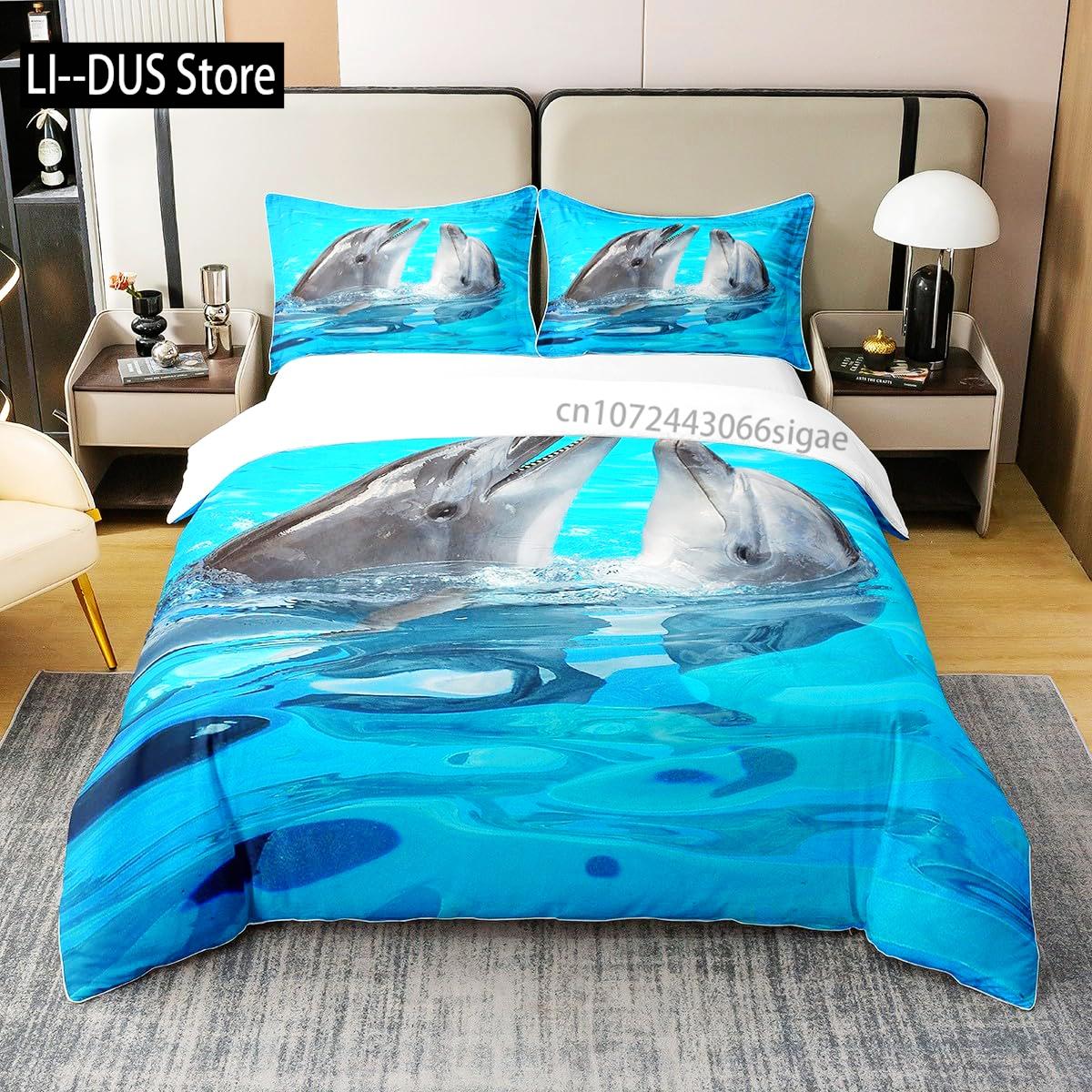 Galaxy Bedding Set Dolphin Comforter Cover for Kids Adult Duvet Cover Sea Creatures Bed Cover Starry Sky Blue Room Decor 3Pcs EU Single(135*200cm)3pcs