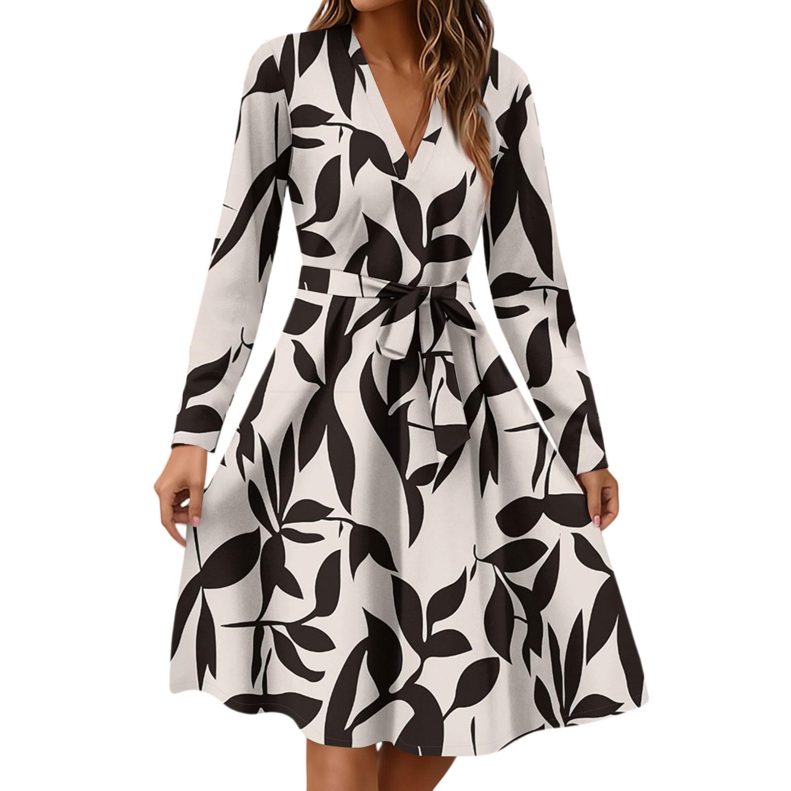 

Женское модное повседневное платье миди с V-образным вырезом, длинными рукавами, талией и цветочным принтом XL бежевый