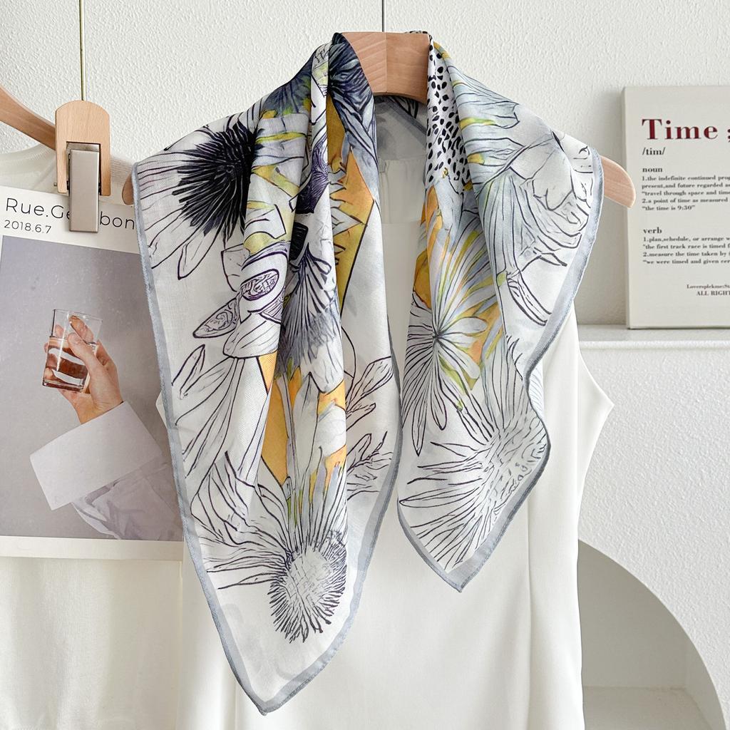 Chinese Wind Green Rose Cotton and Linen Silk Scarf Small Square Scarf Women's New Spring and Summer Popular Scarf Yarn Scarf Thin