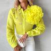Women Shirt Lapel Long Sleeve Single Breasted Shirt Three-Dimensional Tops Solid Color Rhinestones Flowers Decor Shirt