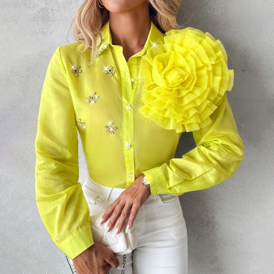 Women Shirt Lapel Long Sleeve Single Breasted Shirt Three-Dimensional Tops Solid Color Rhinestones Flowers Decor Shirt
