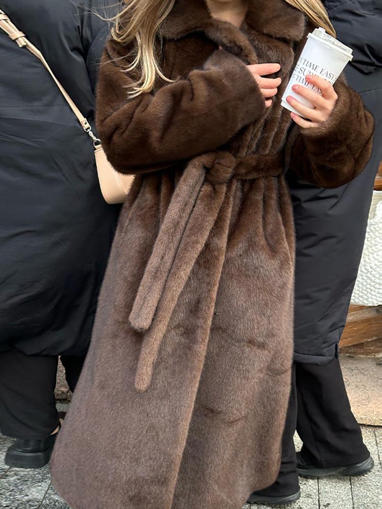 Damski płaszcz zimowy z długim rękawem ze sztucznej wełny, wiązany w pasie pod kołnierzem