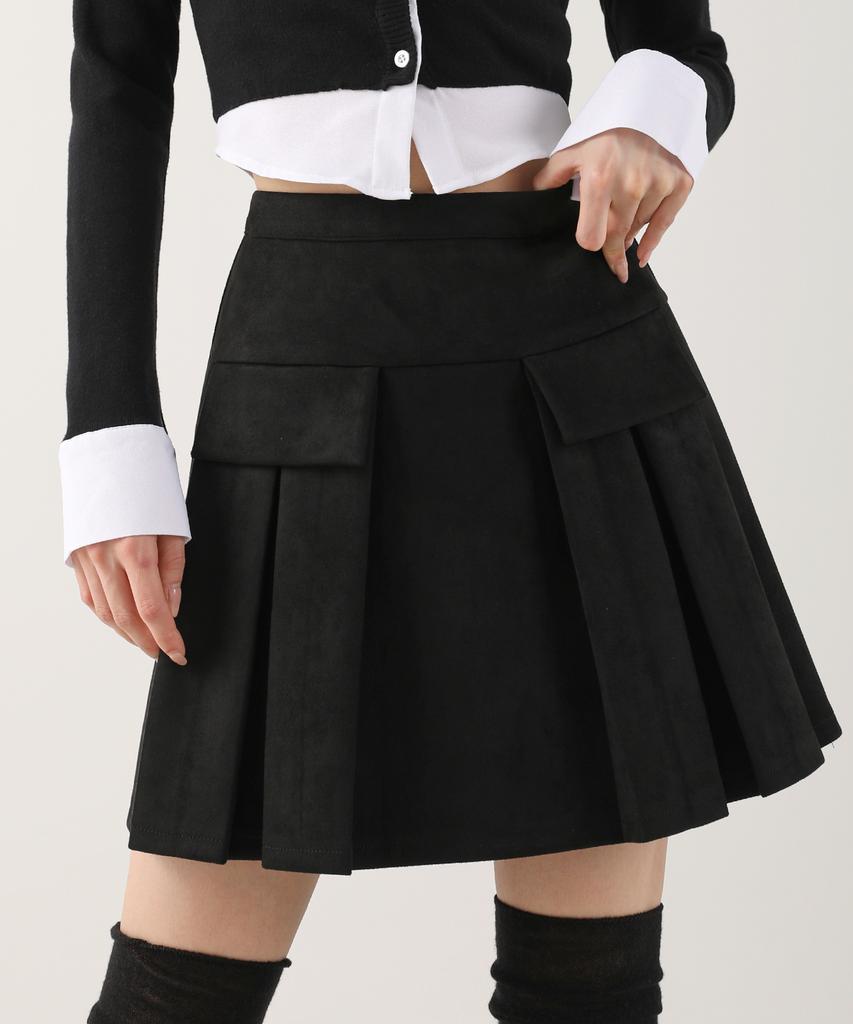 AVANDRESS Pocket Mini Suede Pleats Skirt Brown