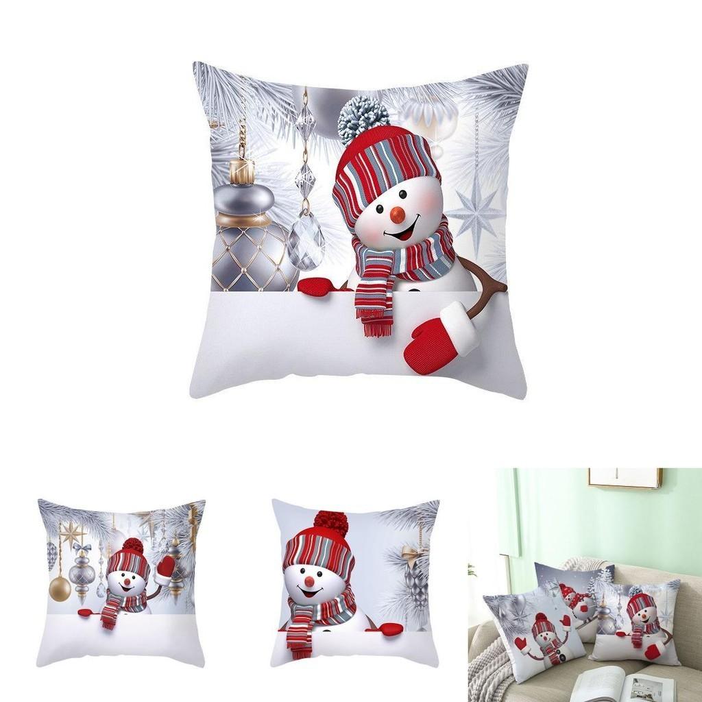 Delightful 18" Christmas Cushion Cover With Santa Claus And Snowman For Festive Sofa Decor