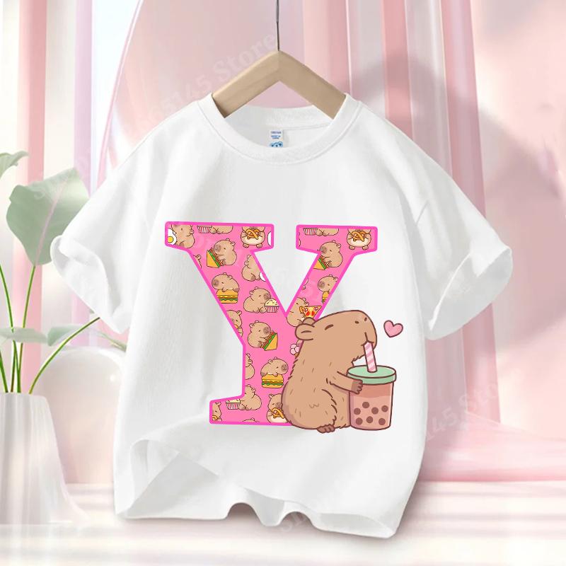 Capibara Cute T-shirt Kids Anime Capybara Letter A-Z Tees Girls Summer Short Sleeve Cotton Tops Children Clothes Gift Hot Sales