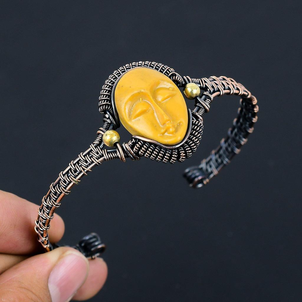 Praying Lady Carved Bone Face Handmade Latest Design Jewelry Bangle, 999 Copper Wire Wrapped Gemstone Bangle, Gift For Sister