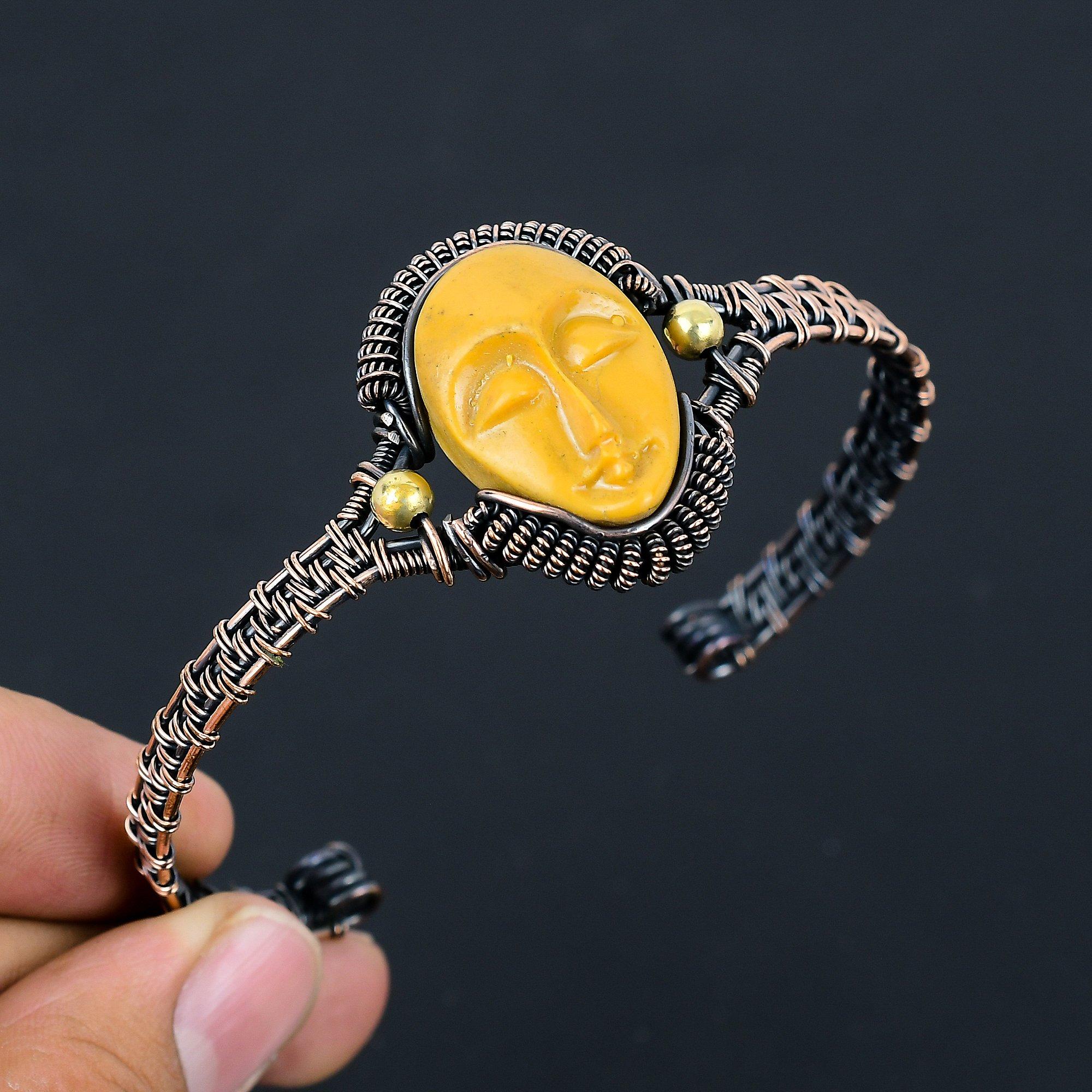 

Praying Lady Carved Bone Face Handmade Latest Design Jewelry Bangle, 999 Copper Wire Wrapped Gemstone Bangle, Gift For Sister