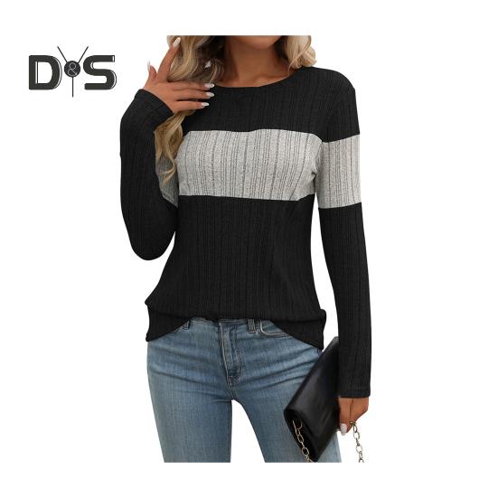 

Женские топы с круглым вырезом и длинным рукавом, цветные ребристые трикотажные топы свободного кроя, повседневные свитера, повседневная одежда S чёрный