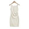 Womens French Style Slim Fit Midi Dress Solid Color Pleated Waist Fitted Elegant Party Wear