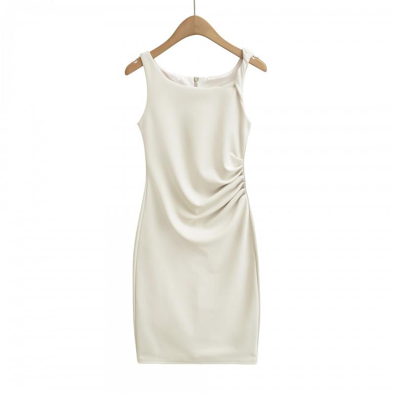 Womens French Style Slim Fit Midi Dress Solid Color Pleated Waist Fitted Elegant Party Wear