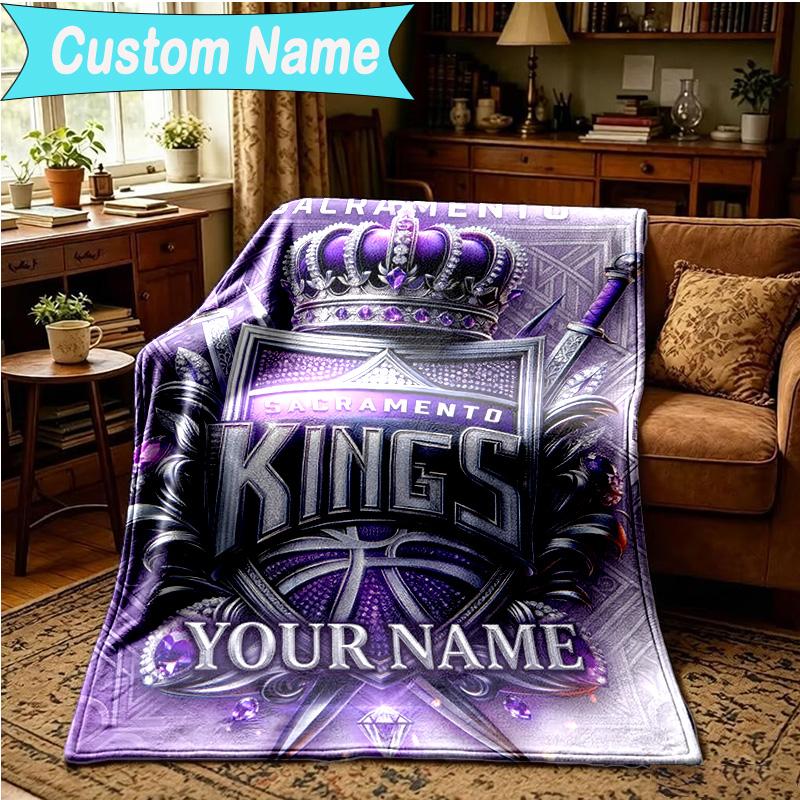 1PC Custom Name Blanket Kings Basketball Team Logo Flannel blankets Patterns Throw Blanket All-Season Soft Gift for Couch, Bed, Camping, Birthday gift